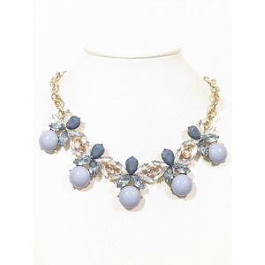 Lee Angel Sky Blue Statement Necklace Beige Rhinestone Coastal Chic 23 in